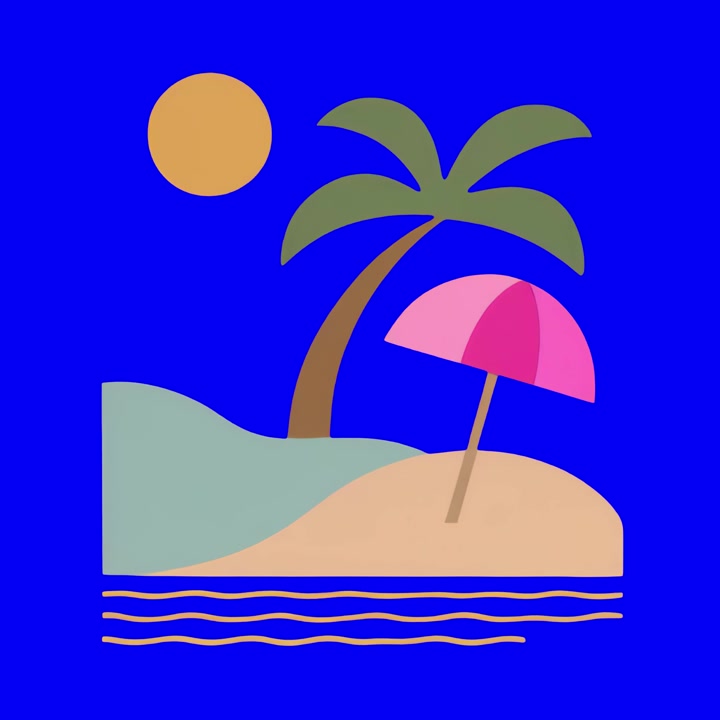 Scena animata minimalista di spiaggia tropicale con palma e ombrellone