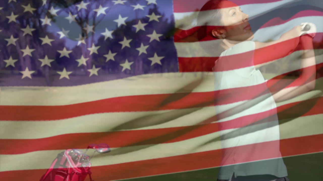woman swinging golf club on fairway, showing marketing overlay with American flag and red golf bag