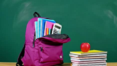 purple backpack with school supplies and apple on desk in front of chalkboard