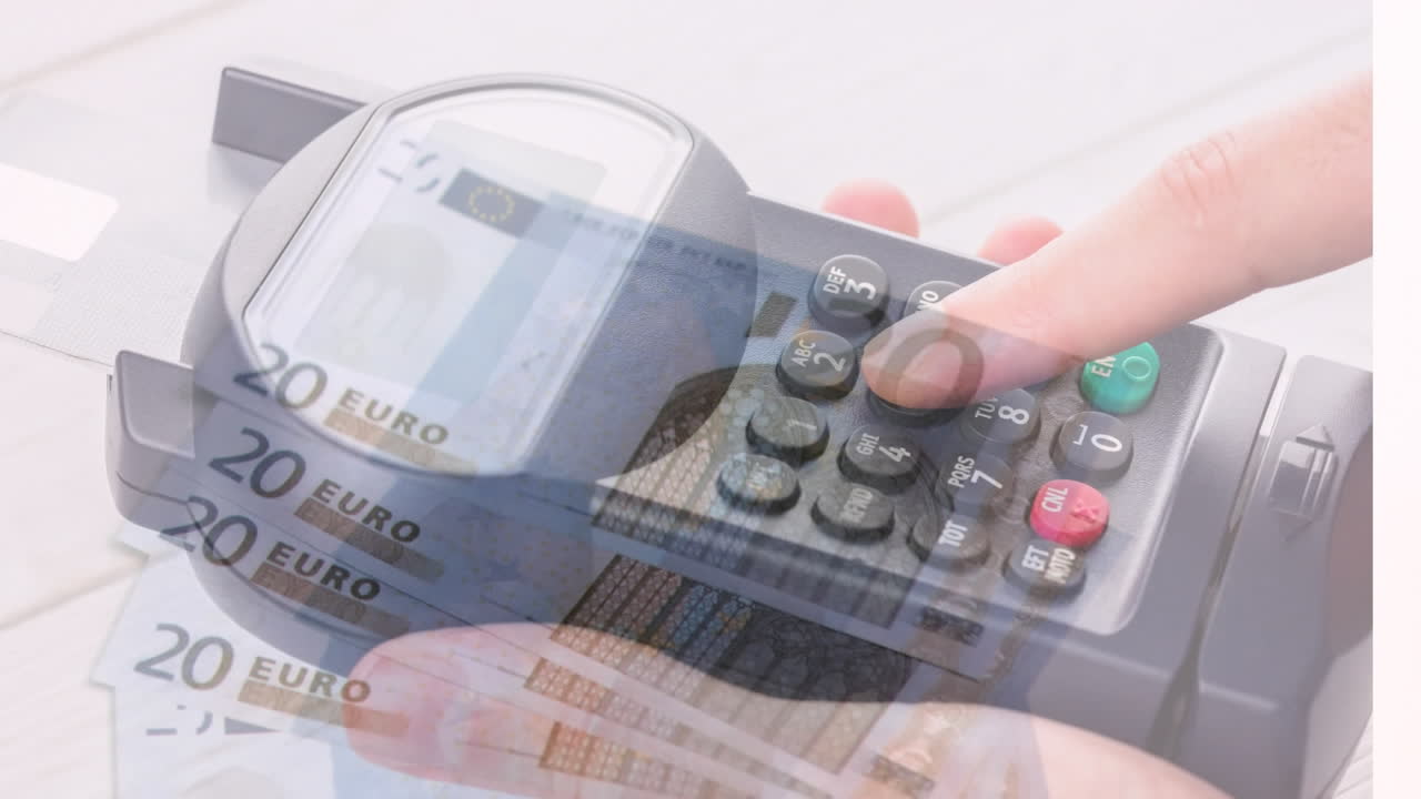 animación de primer plano de billetes de euro que vuelan sobre la sección media del hombre utilizando una máquina de tarjetas.