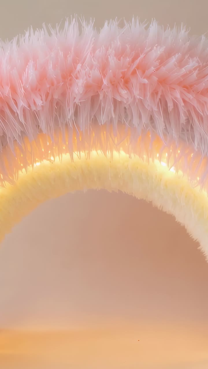 Video verticale: ripresa di un arco in ecopelliccia rosa che si sposta leggermente in studio, con una calda luce LED