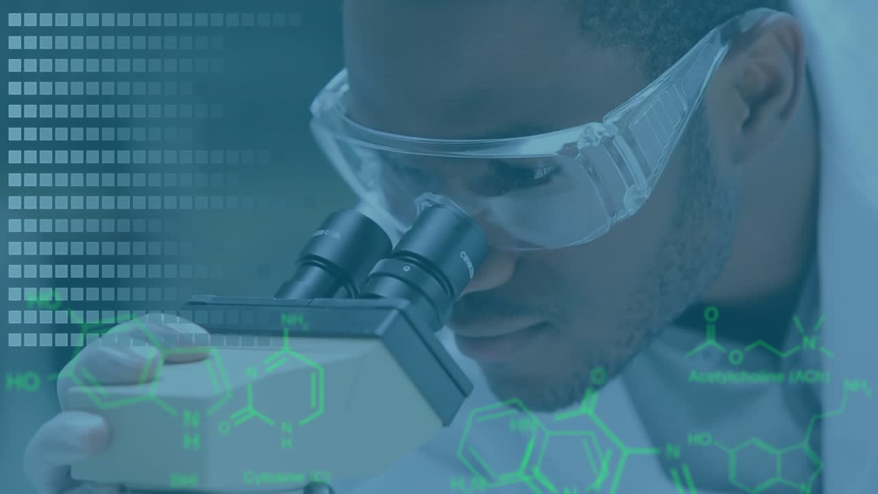 Animation of data processing over caucasian male scientist in lab