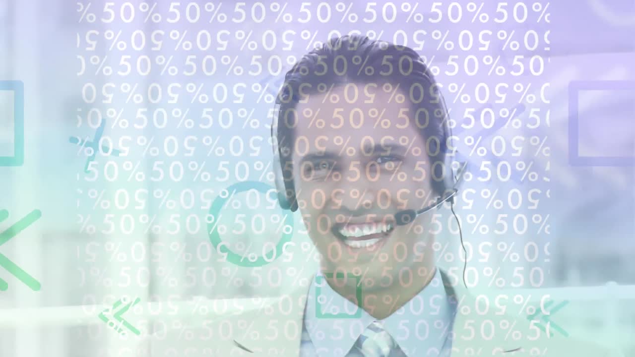 animación de formas y números verdes sobre el hombre que usa auriculares de teléfono