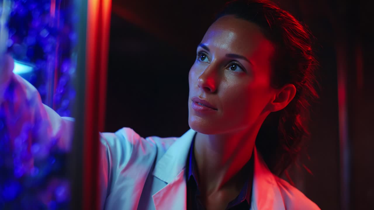 A focused scientist in a laboratory setting examines an illuminated display, showcasing her concentration and dedication to research and innovation under vibrant red and blue lighting effects