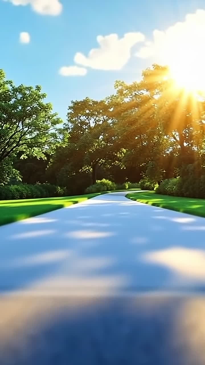 Sunshine illuminating a peaceful pathway. Warm sunlight spills across a serene pathway surrounded by lush greenery and tall trees, creating a tranquil atmosphere.