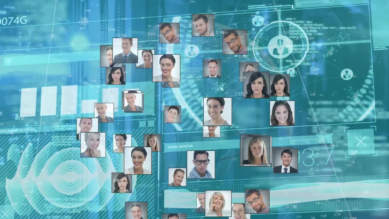 Animation of globe made of user photos rotating over green digital screen with data