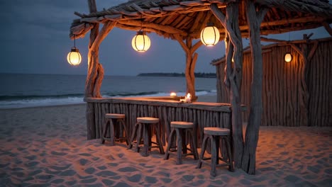 wooden beach bar featuring stools and hanging lanterns, illuminating the soft sand at dusk while creating a cozy, inviting atmosphere by the tranquil sea
