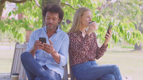 mature couple meeting in outdoor park sitting on bench looking at mobile phones together