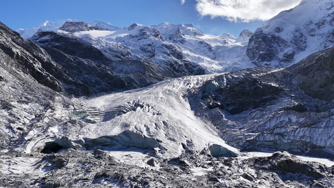Wide shot of Morteratsch Glacier stretching through the Bernina Alps under clear skies. Graubünden, Schweiz