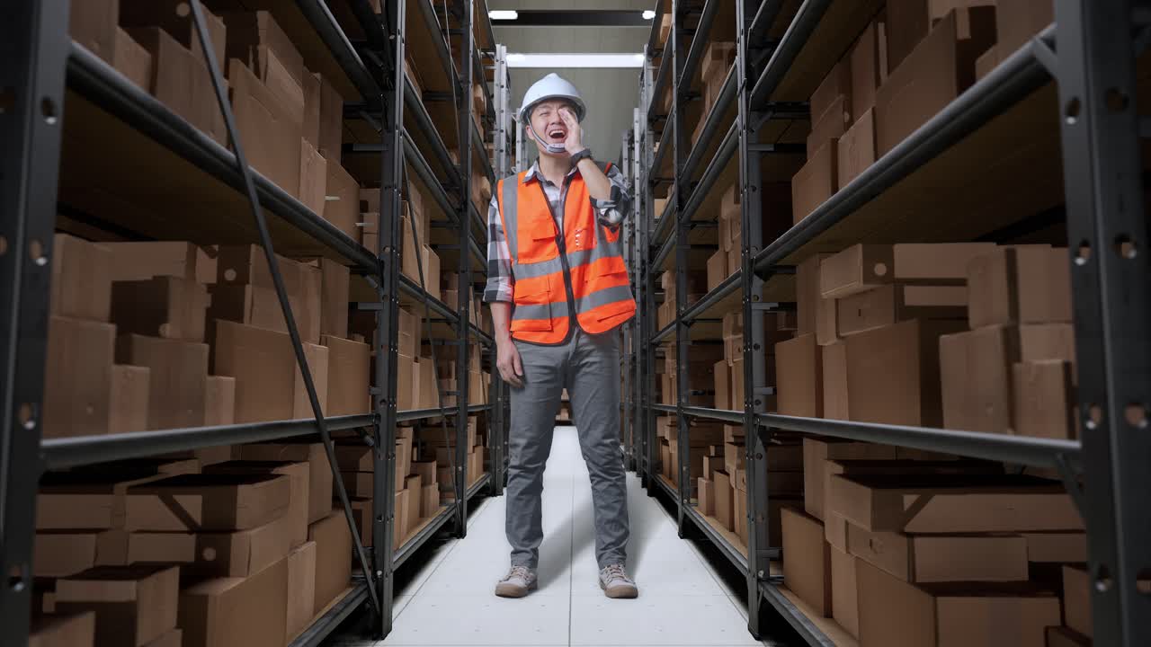 cuerpo lleno de ingeniero masculino asiático con casco de seguridad gritando con la mano sobre la boca mientras estaba de pie en el almacén con estantes llenos de mercancías de entrega
