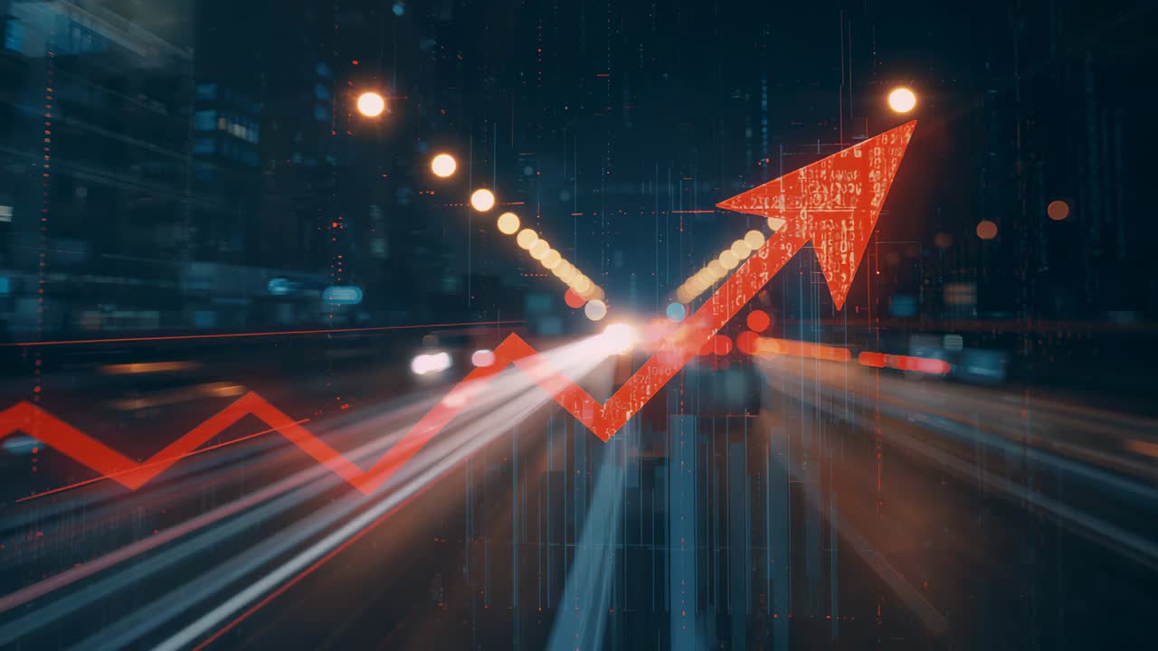 Rising red zigzag matrix arrow moving along night road as lights streaking, showing forward motion