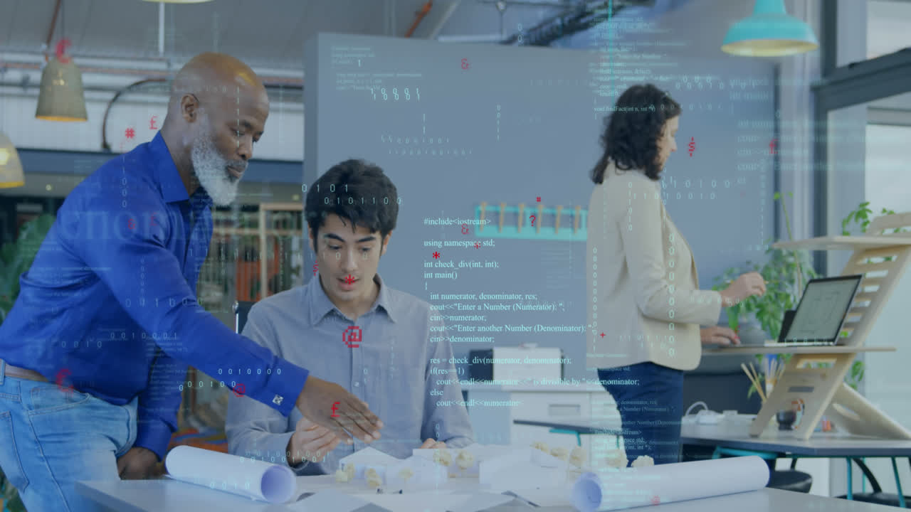 이진 코드와 컴퓨터 언어의 애니메이션으로 다양한 동료들이 블루프린트를 논의합니다.