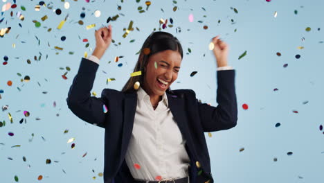 Confetti,-celebration-and-business-woman-in-studio