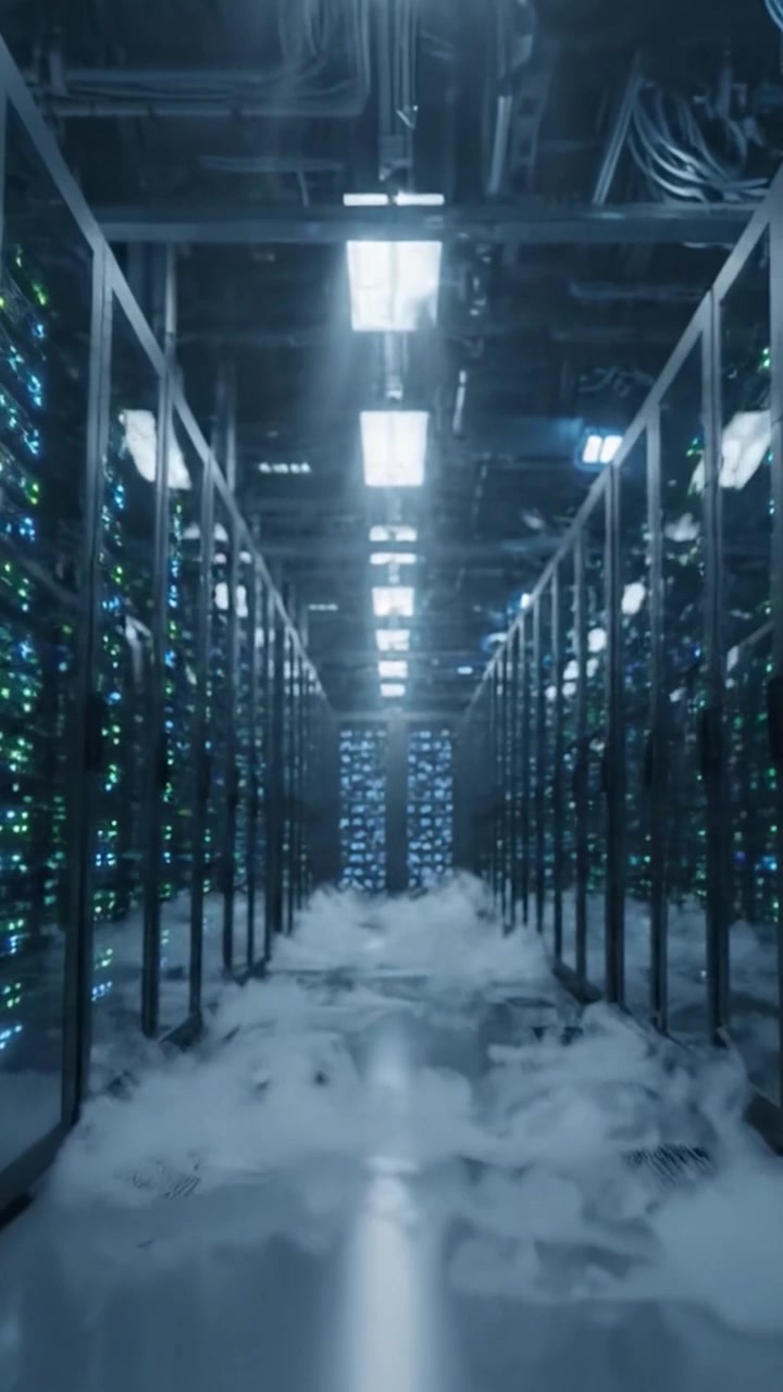 Exploring the Intricate Design of a Modern Data Center: A Journey Through Rows of High-Tech Servers and Mystical Foggy Atmosphere in an Advanced Computing Environment