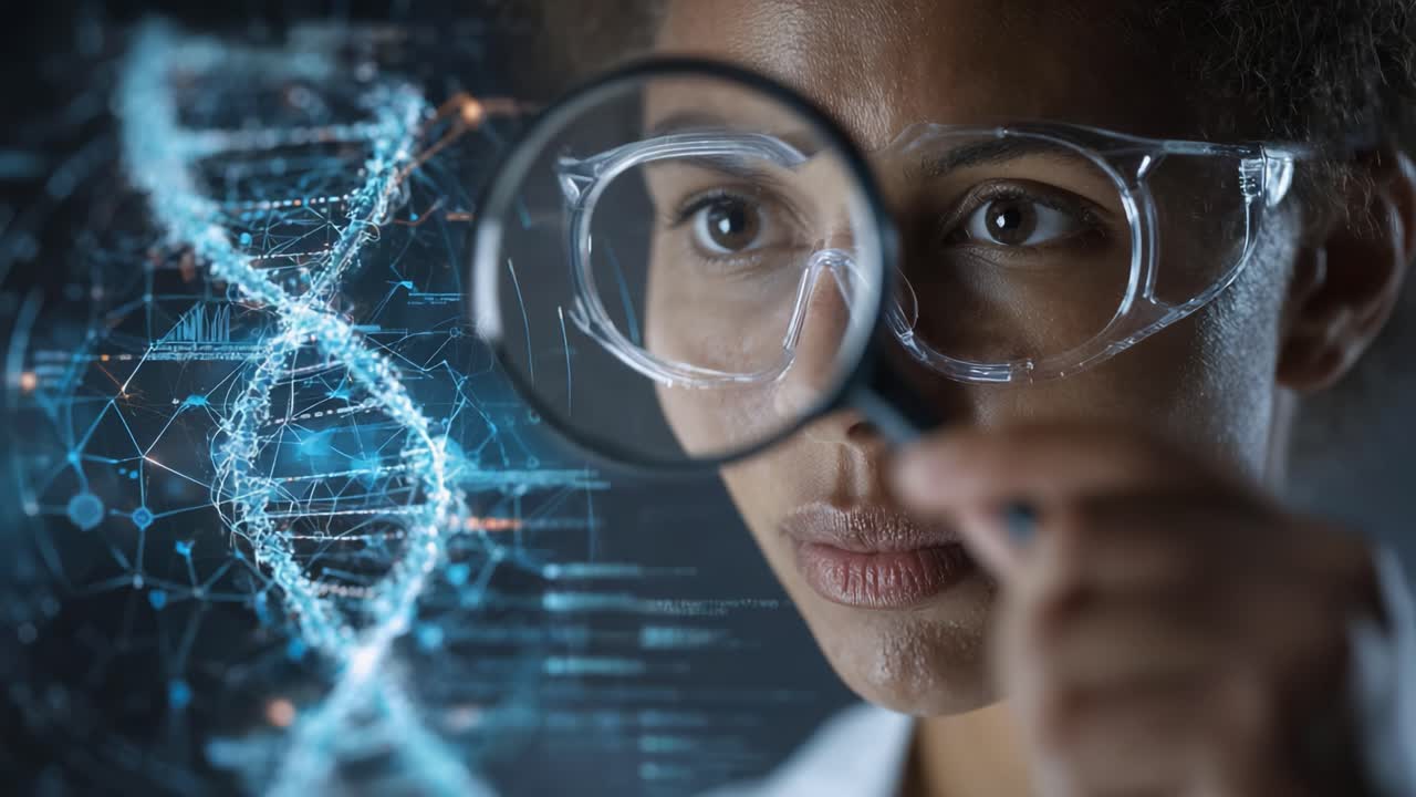 A focused scientist examining DNA structures through a magnifying glass, showcasing the importance of genomic research and scientific innovation in modern biotechnology