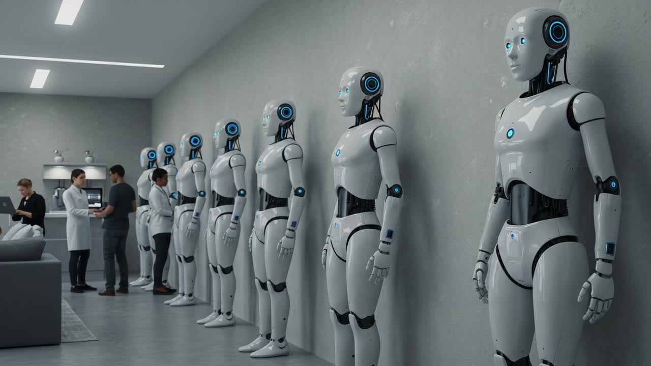 A Fascinating Display of Advanced Robotics: This Scene Captures an Array of Humanoid Robots Lined Up in a Modern Lab Setting, Highlighting the Future of Technology and Innovation