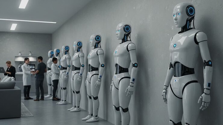 A Fascinating Display of Advanced Robotics: This Scene Captures an Array of Humanoid Robots Lined Up in a Modern Lab Setting, Highlighting the Future of Technology and Innovation