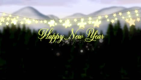 Animation-of-christmas-seasons-greetings-and-glowing-fairy-lights-over-winter-landscape