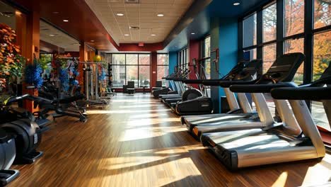 modern fitness center with treadmills and natural light in autumn