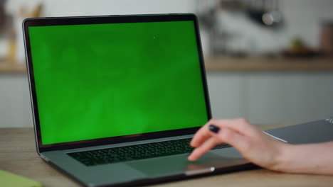 Frau,-Die-In-Der-Küche-Aus-Nächster-Nähe-An-Einem-Greenscreen-Laptop-Arbeitet.-Hände-Scrollen-über-Das-Touchpad.