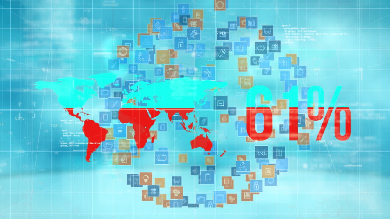 아이콘과 데이터 처리에 대한 세계 지도의 애니메이션