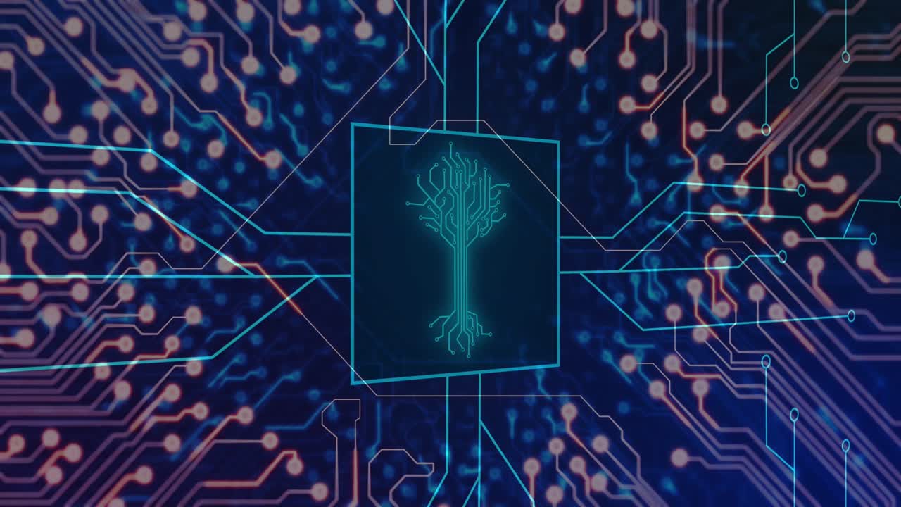 animación de una placa de circuitos informáticos con procesamiento de datos