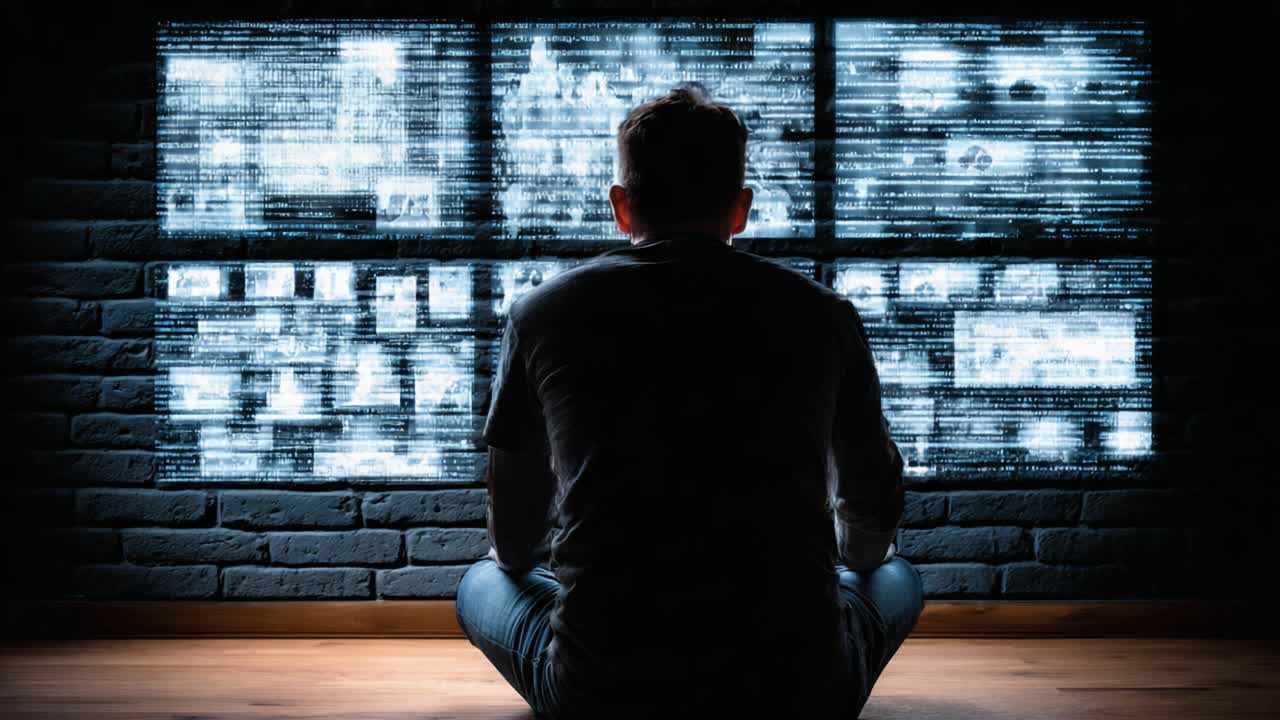 Captivated Observer Analyzing Dynamic Visual Data on Multiple Screens Illuminating Shadows in a Dark Room, Representing the Intersection of Technology and Surveillance