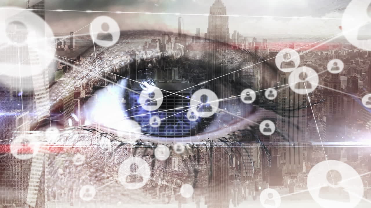 Animation of connected icons over eye of caucasian woman against aerial view of cityscape