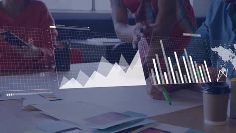 animation of financial data processing over diverse business people in office