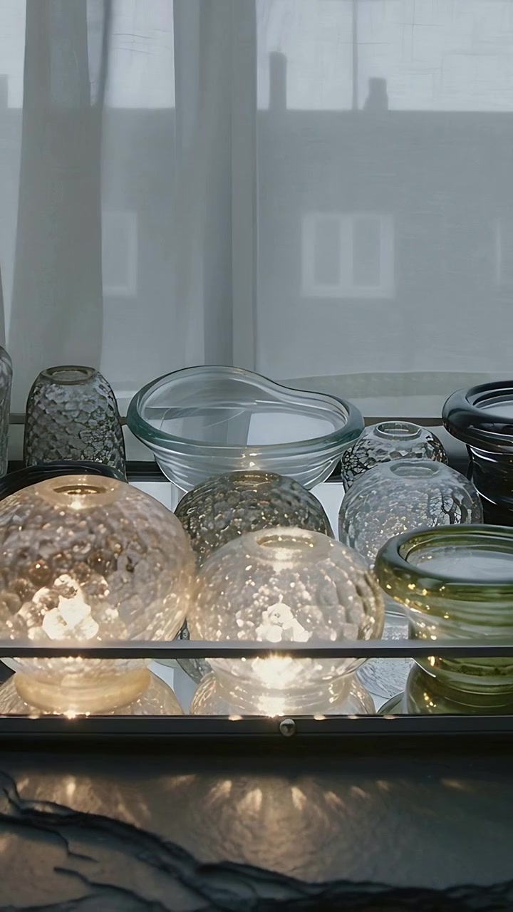 Vertical video: Activating LED, textured glass spheres catching warm light on tray