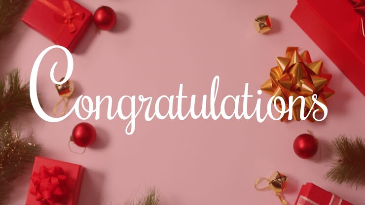 Animation of congratulations text over christmas decorations on pink backrgound
