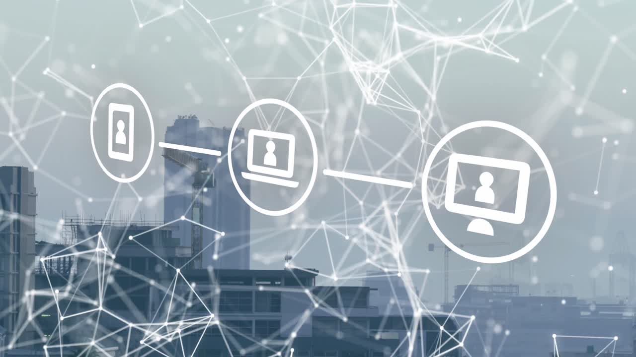 iconos digitales y y red de conexiones contra vista aérea del paisaje urbano