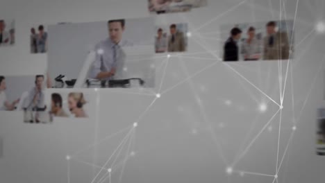 animación de la red de conexiones a través de personas de negocios que usan auriculares telefónicos