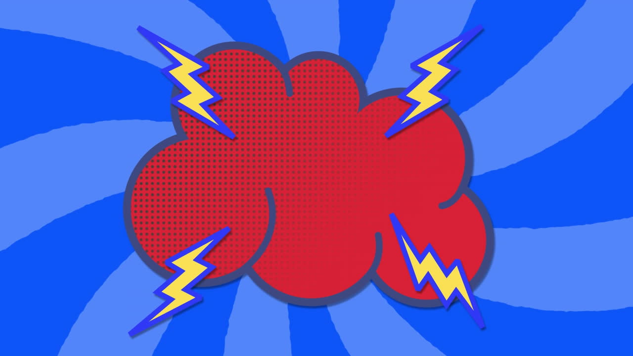 파란색 배경에 줄무 위에 플래시를 가진 구름의 애니메이션