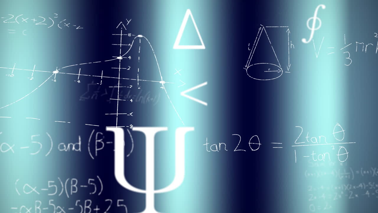 animación de símbolos y ecuaciones matemáticas sobre un fondo púrpura