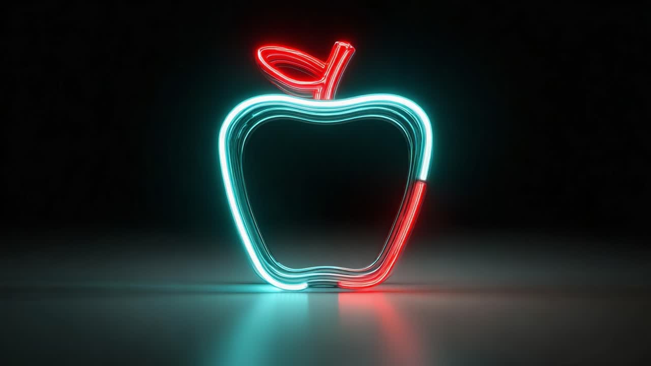 Lysende neon-æbledesign: En fængslende visuel oplevelse, der fremhæver en levende blanding af røde og blå lys i en moderne kunstnerisk repræsentation af en klassisk frugtform