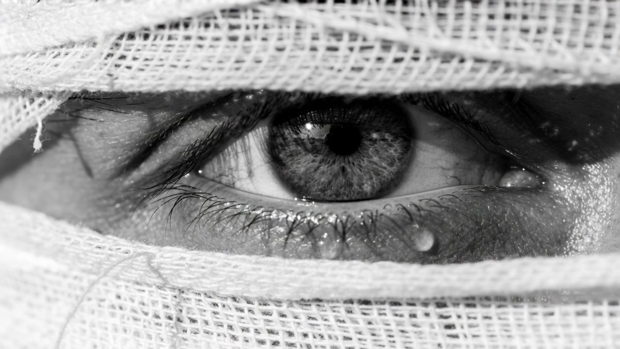 Showing single human eye with initial tear sliding downward in studio close-up, gauze, lashes, iris