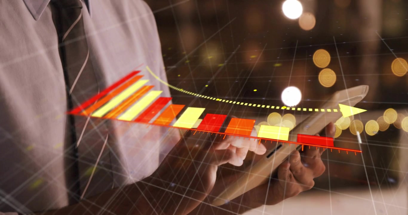 Businessman tapping tablet near window and analyzing business data, animated 3D bar chart updating