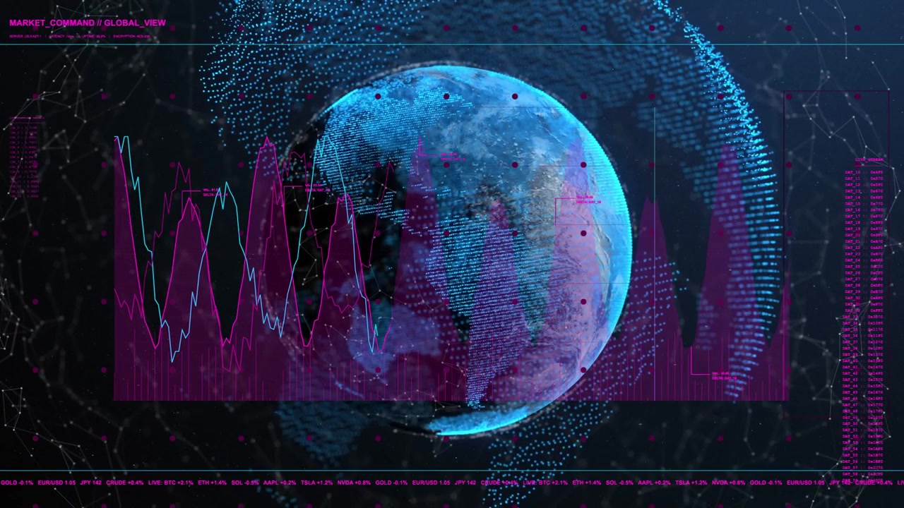 Blue pixel globe appearing rotating white cyan lines rising magenta chart filling HUD showing data
