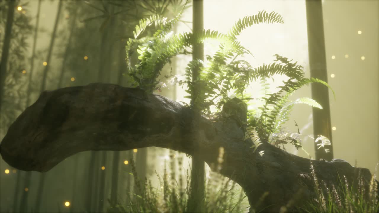 tronco del árbol doblado horizontalmente con helechos creciendo, y la luz del sol brillando