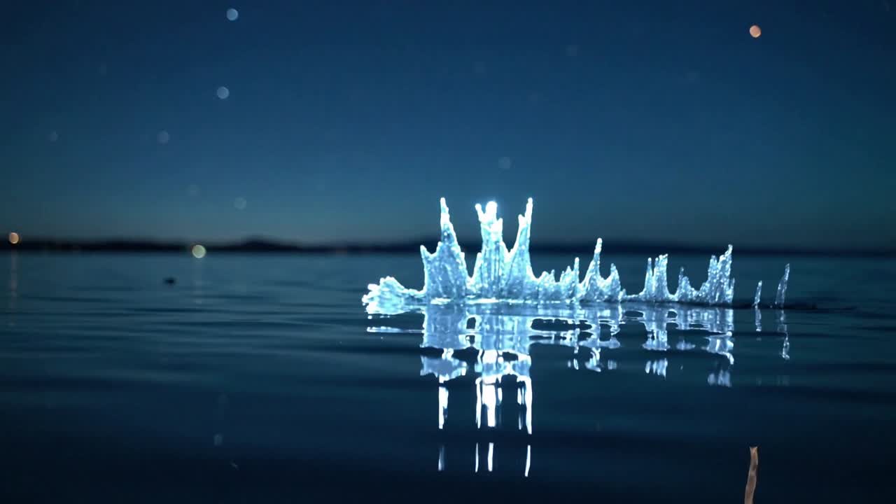 穏やかな湖に流れ落ちる細い水流が、光る王冠状の噴水と中央のジェットと繋がり、波紋が収まっていく。