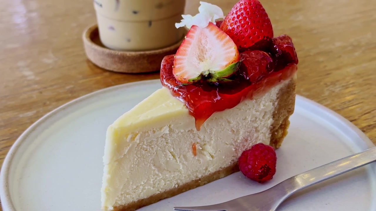 Primo piano di una fetta classica di cheesecake newyorkese con una consistenza cremosa e una crosta dorata, servita su un piatto bianco per una deliziosa presentazione del dessert