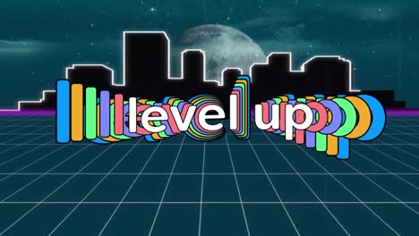 Digital-animation-of-level-up-text-over-cityscape-against-moon-in-space