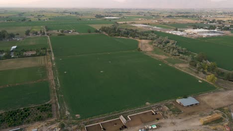 Panoramic-View-Of-Lush-Green-Paddies-Planted-With-Crops-In-Payson,-Utah,-USA---Aerial-Shot