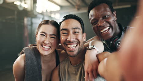 happy people, friends and selfie in fitness