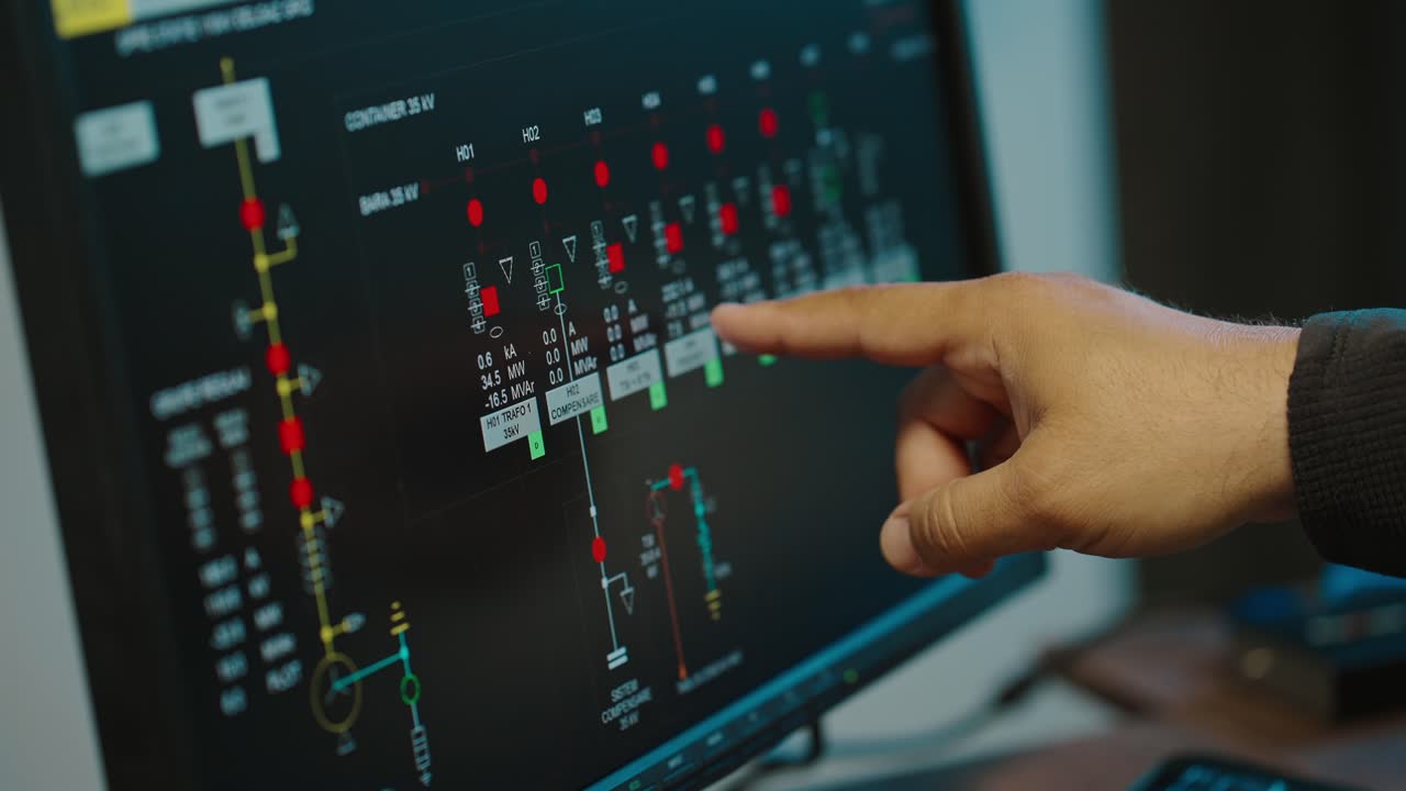현대적 인 작업 공간 에서 컴퓨터 화면 에 있는 제어 패널 을 가리키는 손