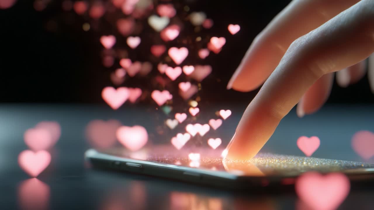 A Close-Up of a Hand Gently Touching a Smartphone Screen Creating a Magical Atmosphere Filled with Floating Pink Hearts and Glitter, Symbolizing Love and Connection in the Digital Age