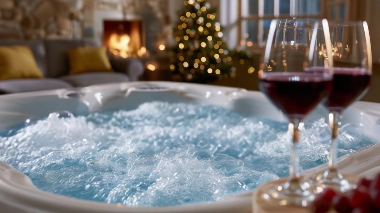 Relax di lusso: una serata romantica in una vasca idromassaggio accogliente con acqua frizzante e calici di vino, circondata da decorazioni festive natalizie e una morbida illuminazione ambientale.