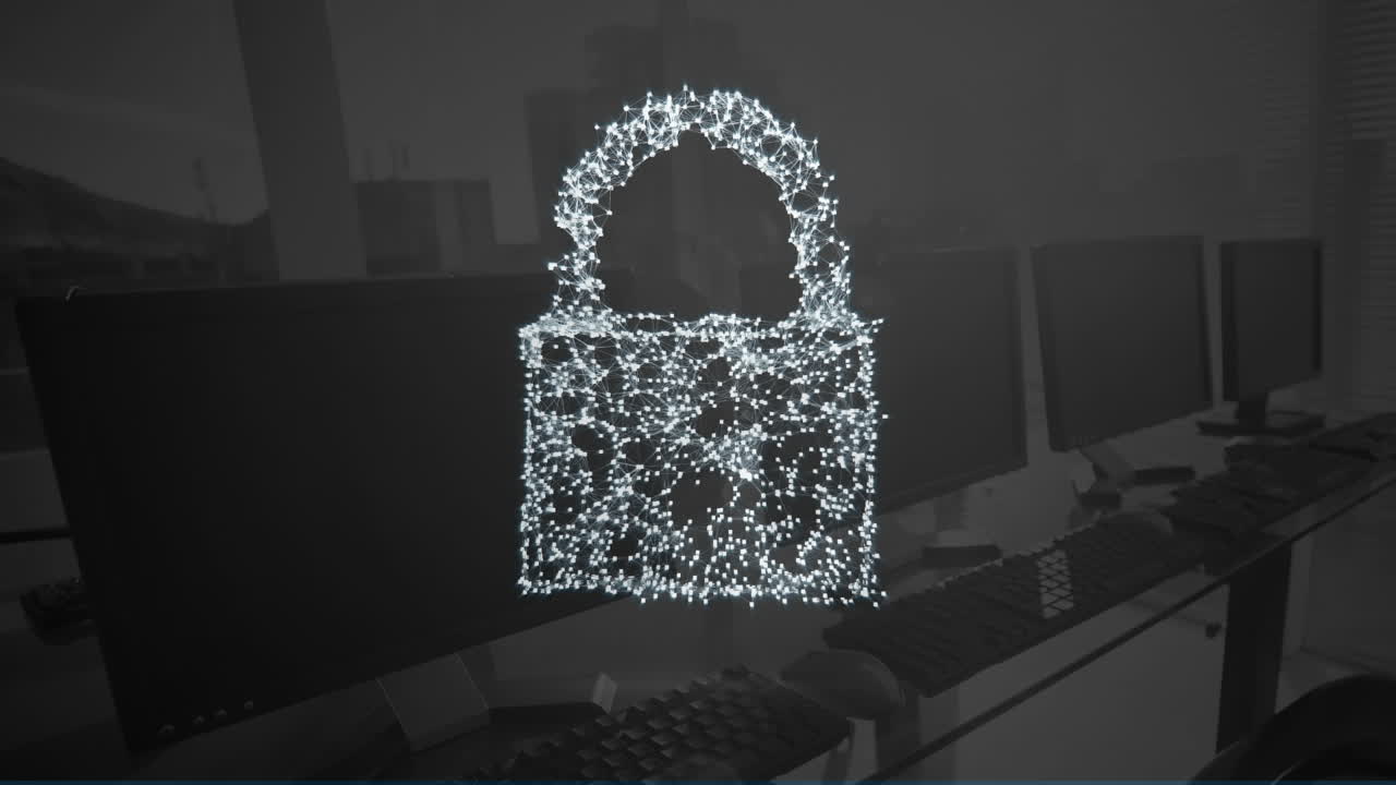 사무실의 컴퓨터 위에 있는 디지털  ⁇ 락의 애니메이션