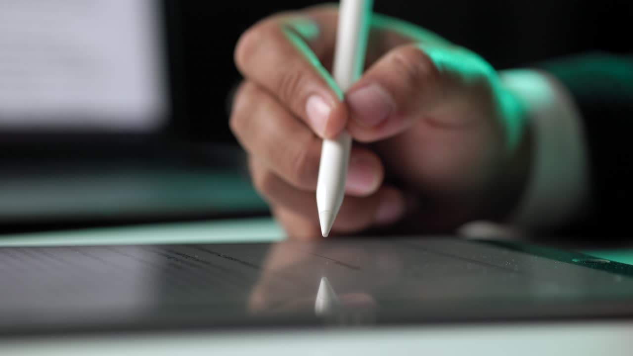 firma electrónica con luz verde. hombre de negocios firmando un contrato de negocios con bolígrafo en la tableta por la noche. hombre firmando contrato en la tablet en la oficina. concepto de negocios y tecnología.